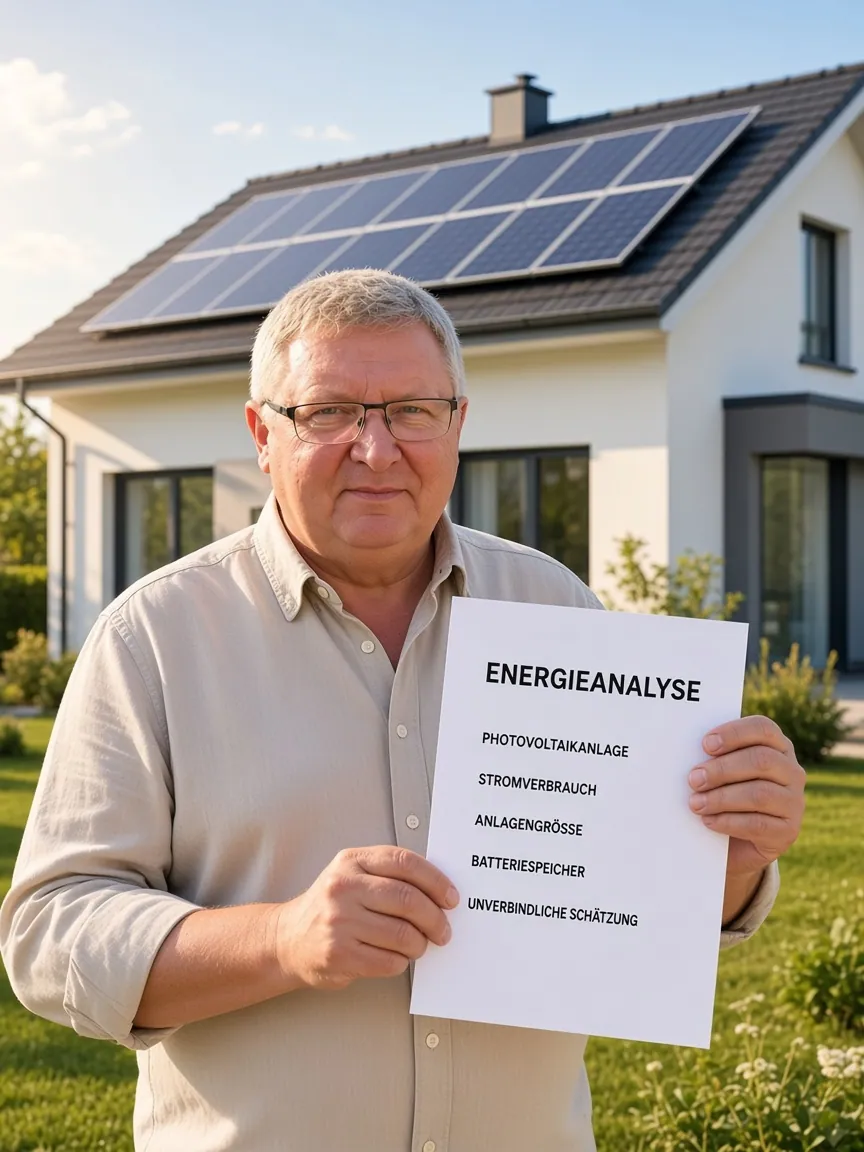 Hausbesitzer mit Energieanalyse für eine Photovoltaikanlage
